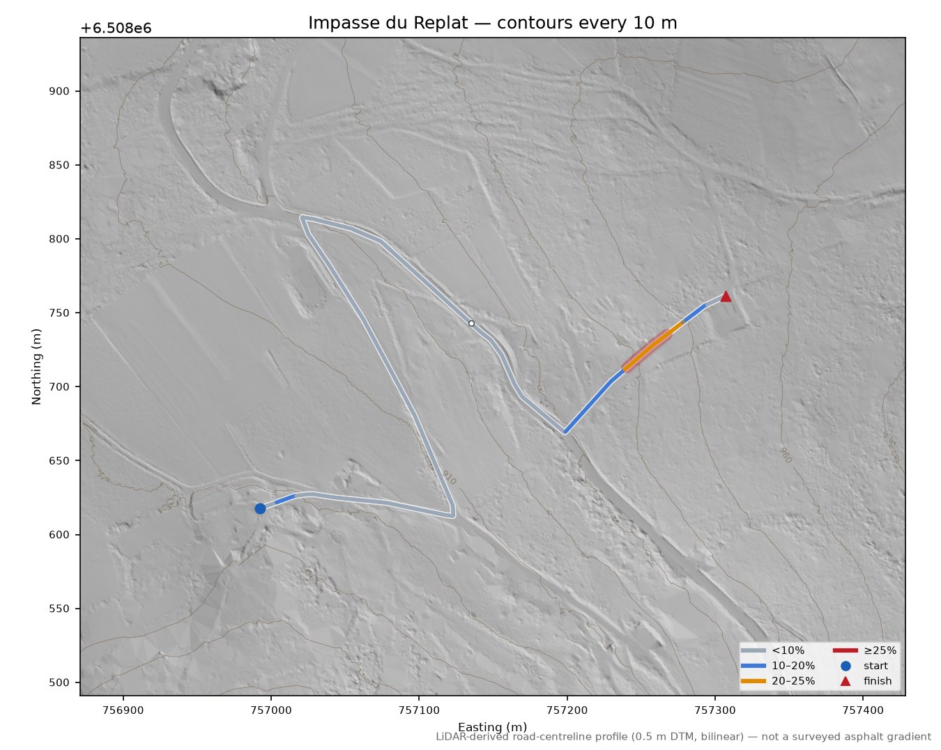 Impasse du Replat LiDAR hillshade map with contours