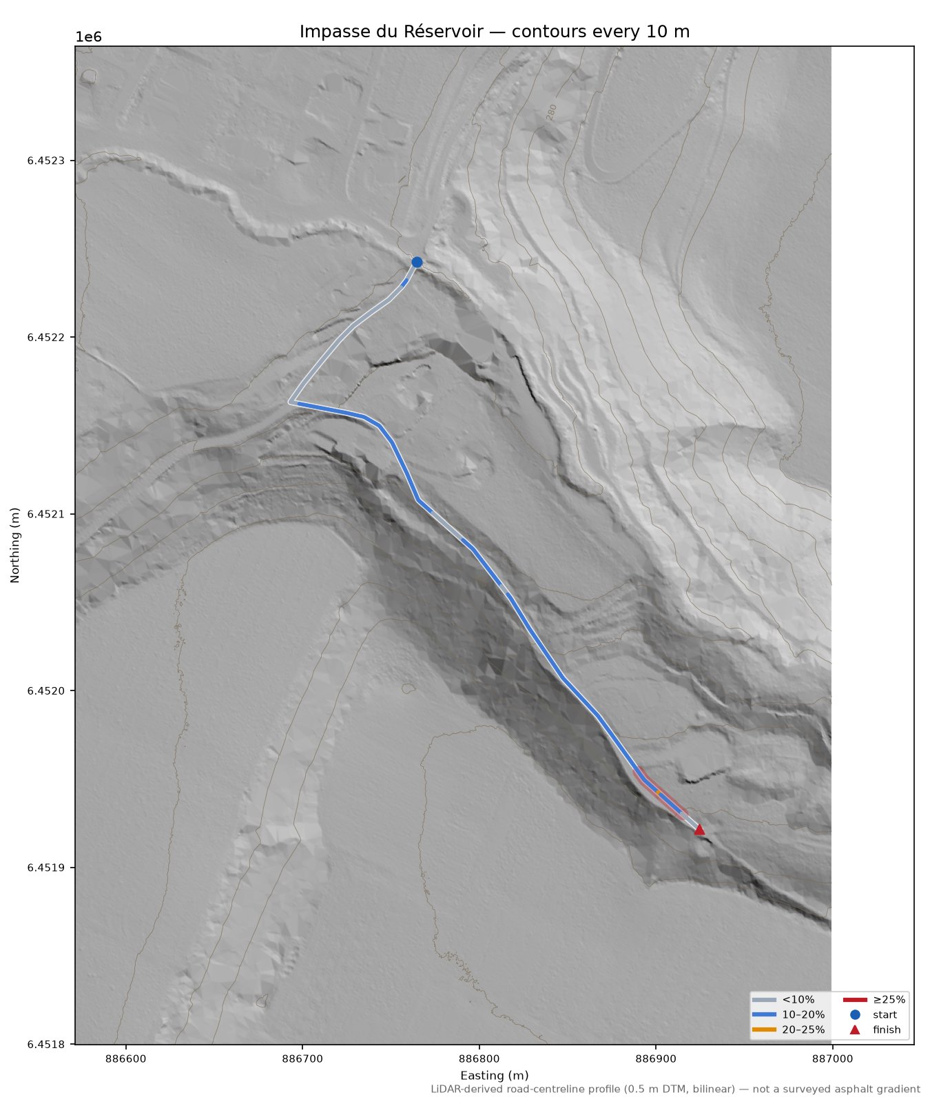 Impasse du Réservoir LiDAR hillshade map with contours