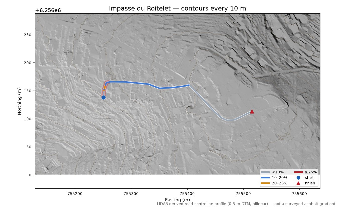 Impasse du Roitelet LiDAR hillshade map with contours