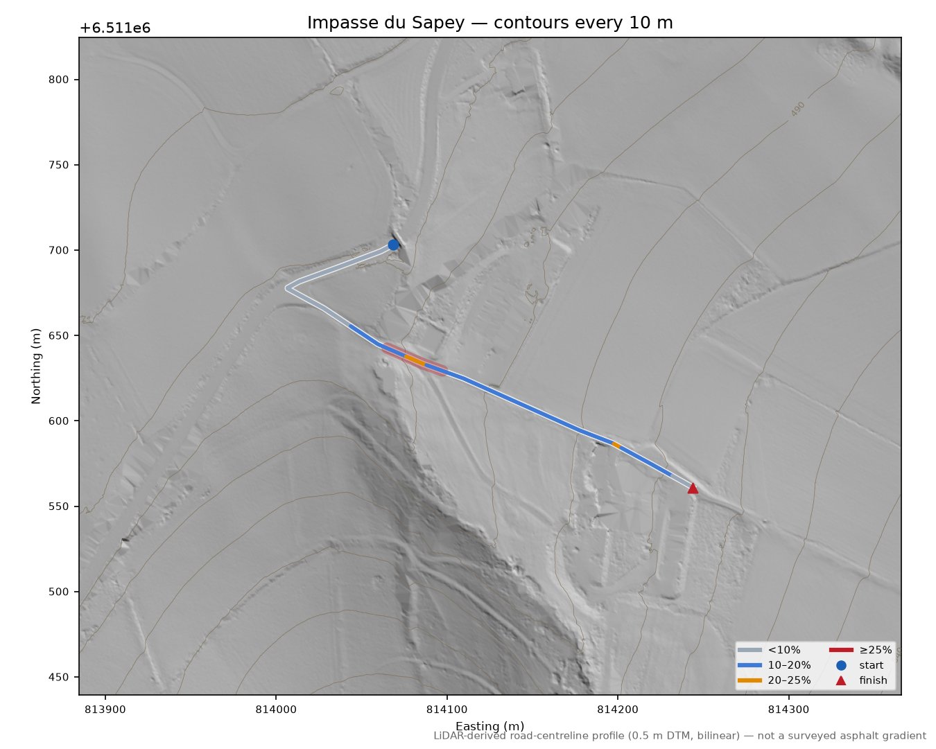 Impasse du Sapey LiDAR hillshade map with contours