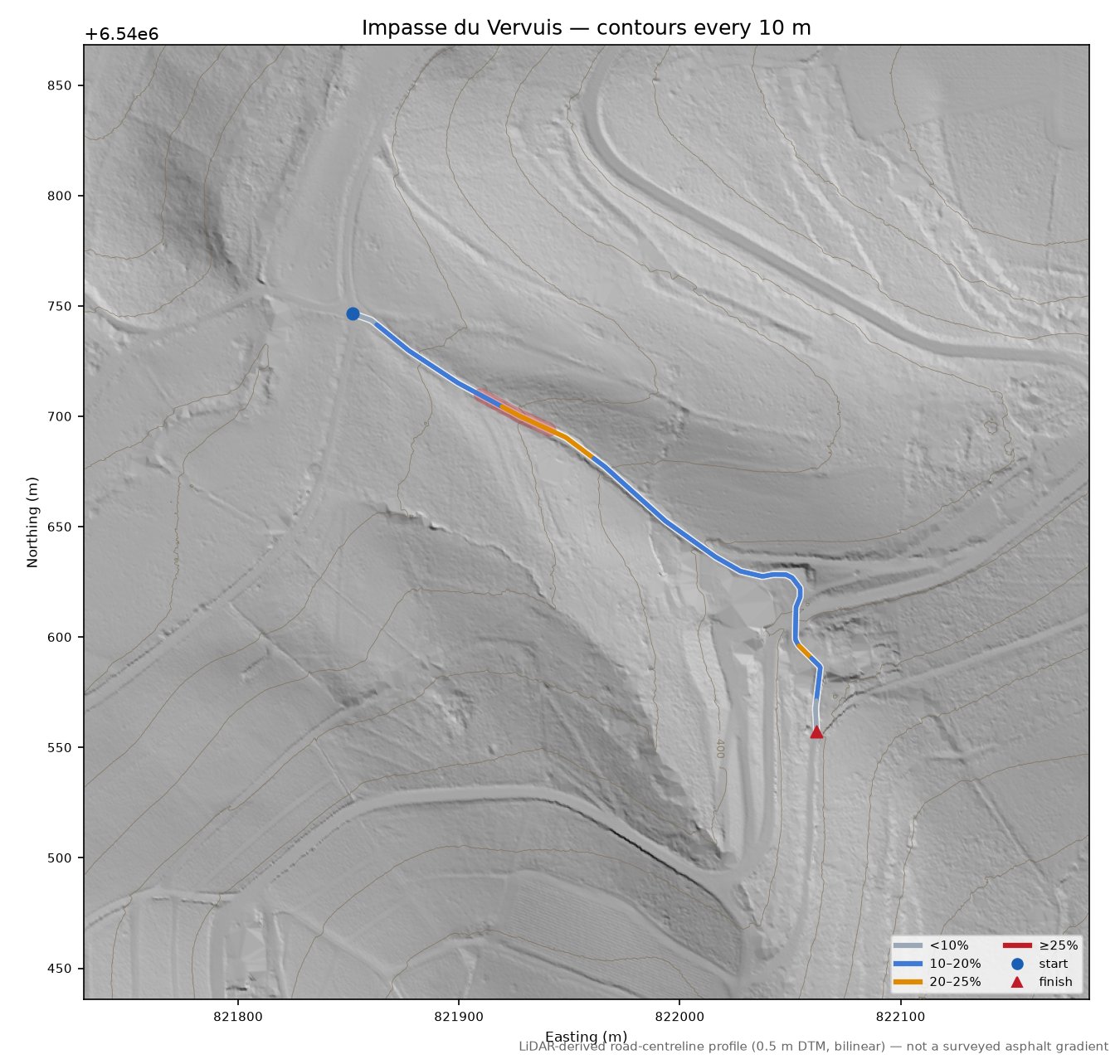 Impasse du Vervuis LiDAR hillshade map with contours
