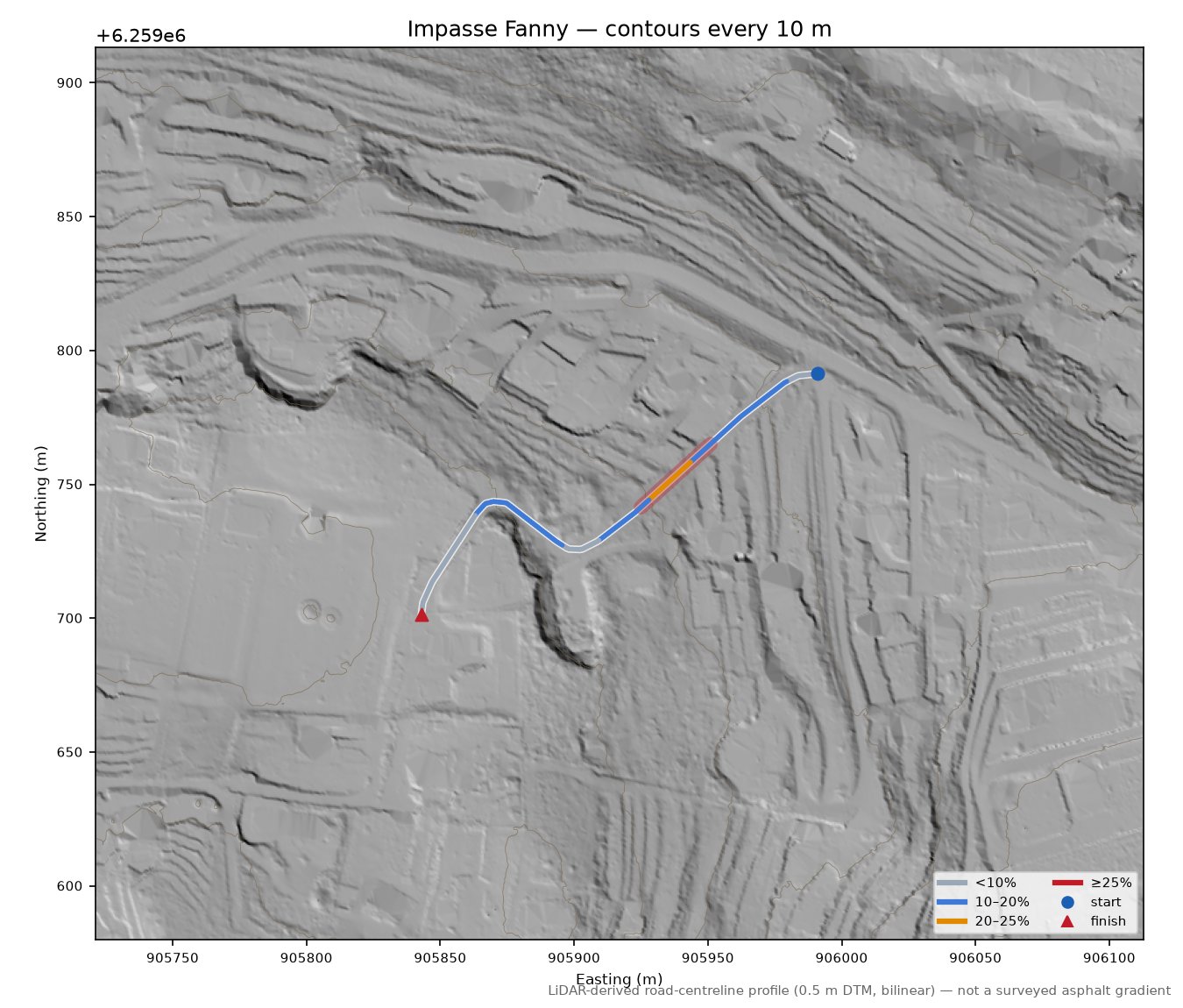 Impasse Fanny LiDAR hillshade map with contours