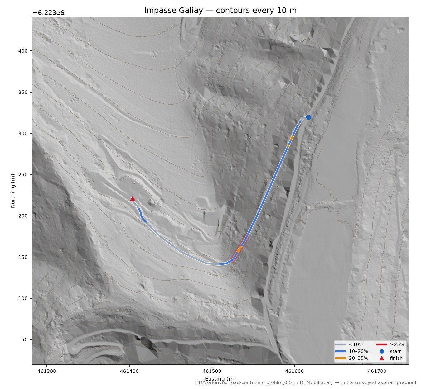 Impasse Galiay LiDAR hillshade map with contours