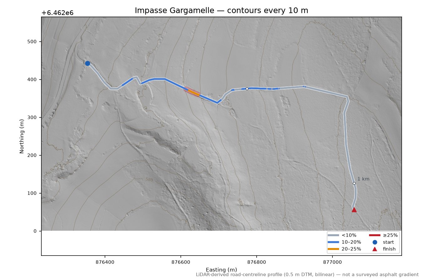 Impasse Gargamelle LiDAR hillshade map with contours
