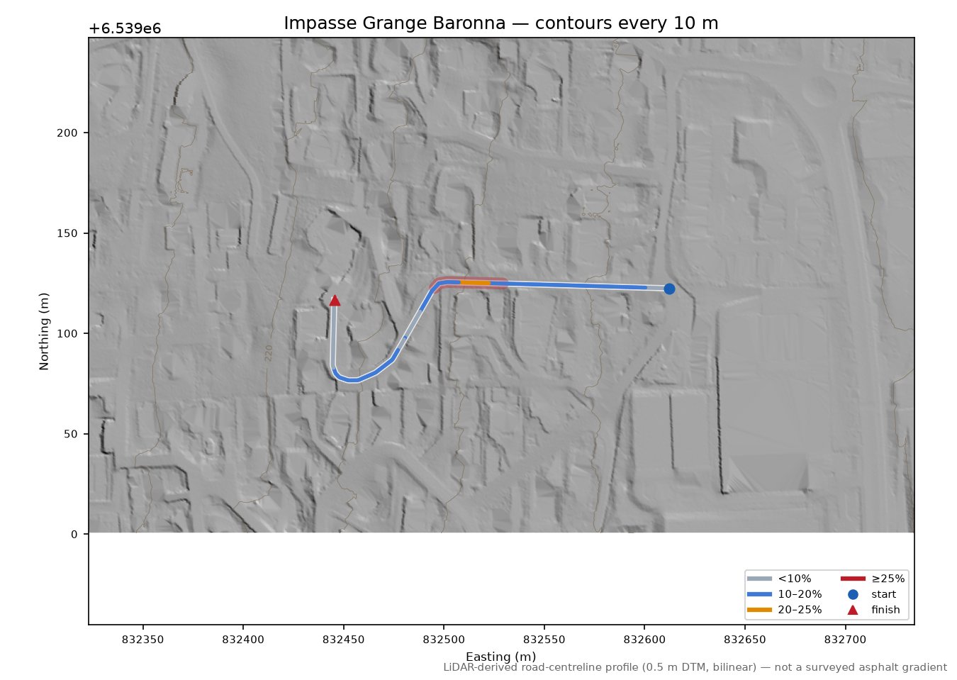 Impasse Grange Baronna LiDAR hillshade map with contours