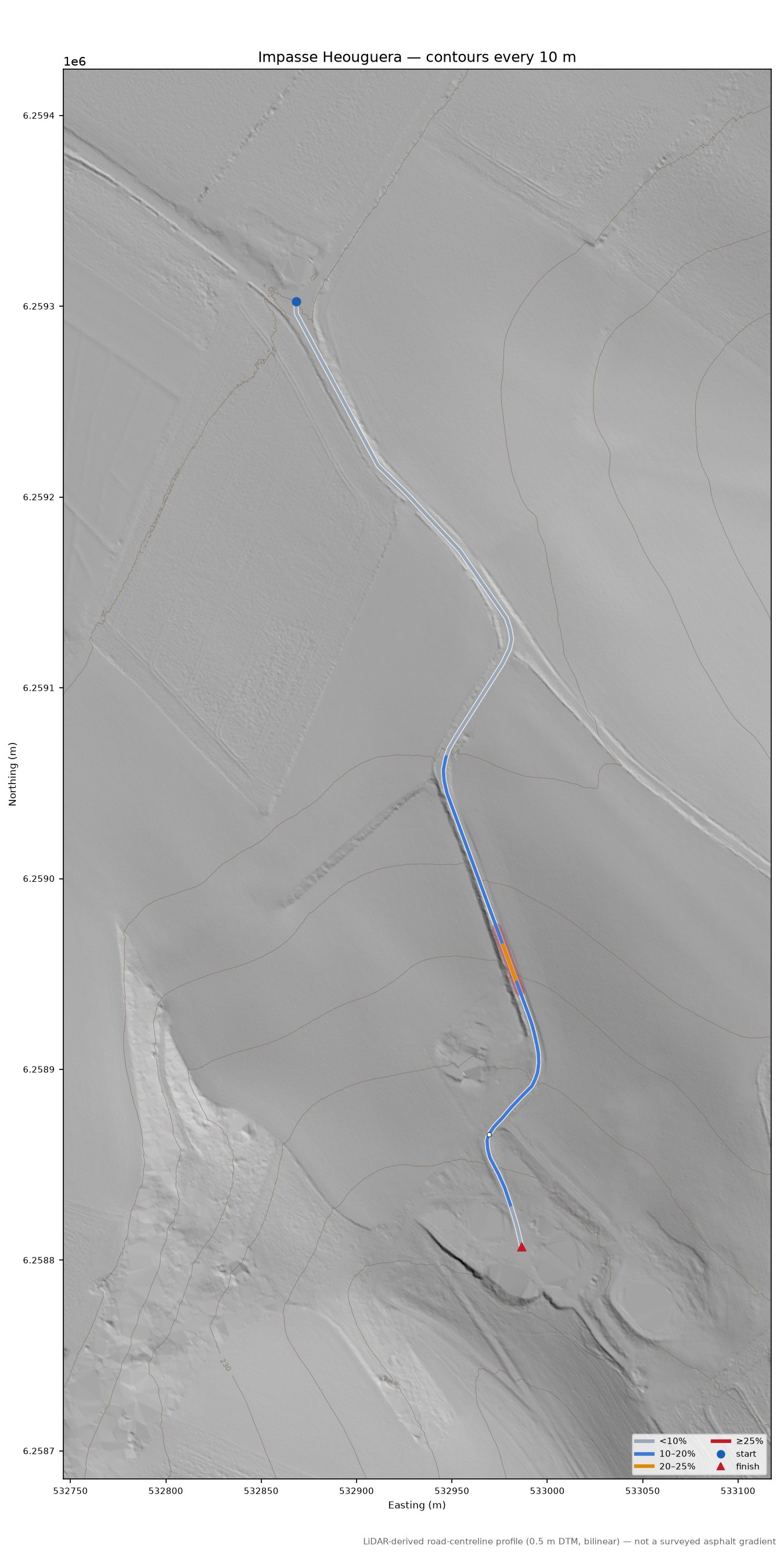 Impasse Heouguera LiDAR hillshade map with contours