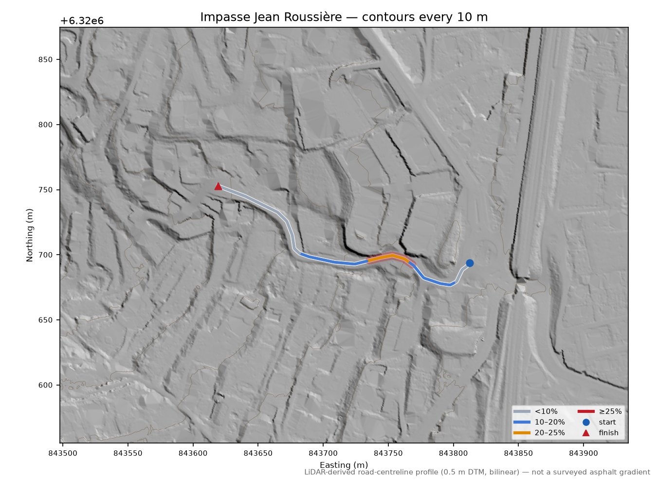 Impasse Jean Roussière LiDAR hillshade map with contours
