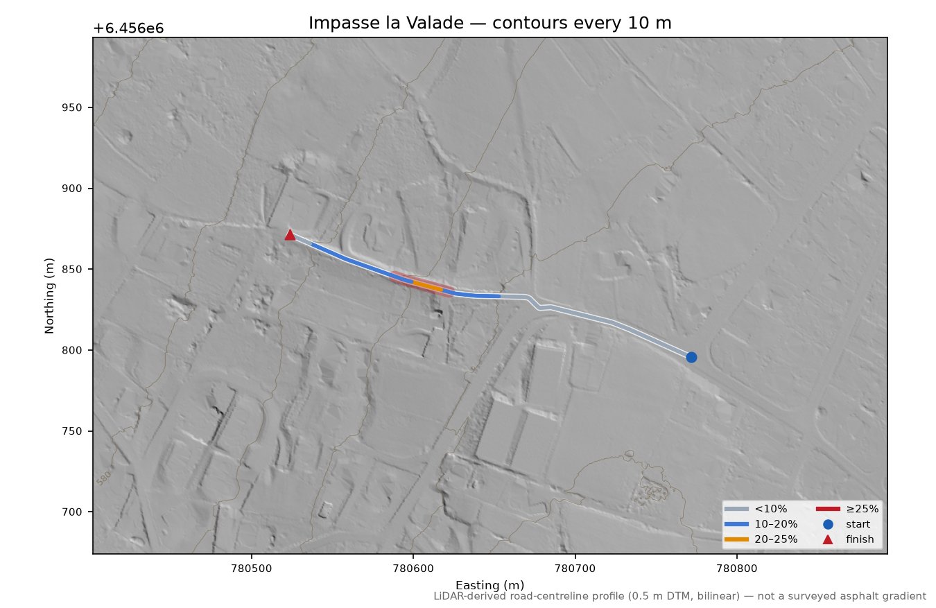 Impasse la Valade LiDAR hillshade map with contours