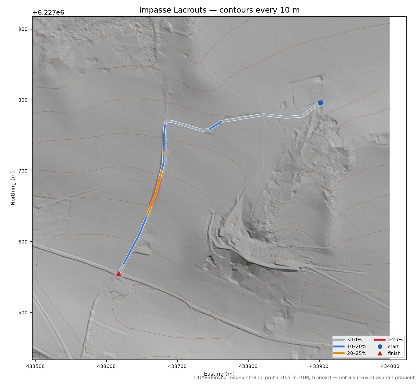 Impasse Lacrouts LiDAR hillshade map with contours