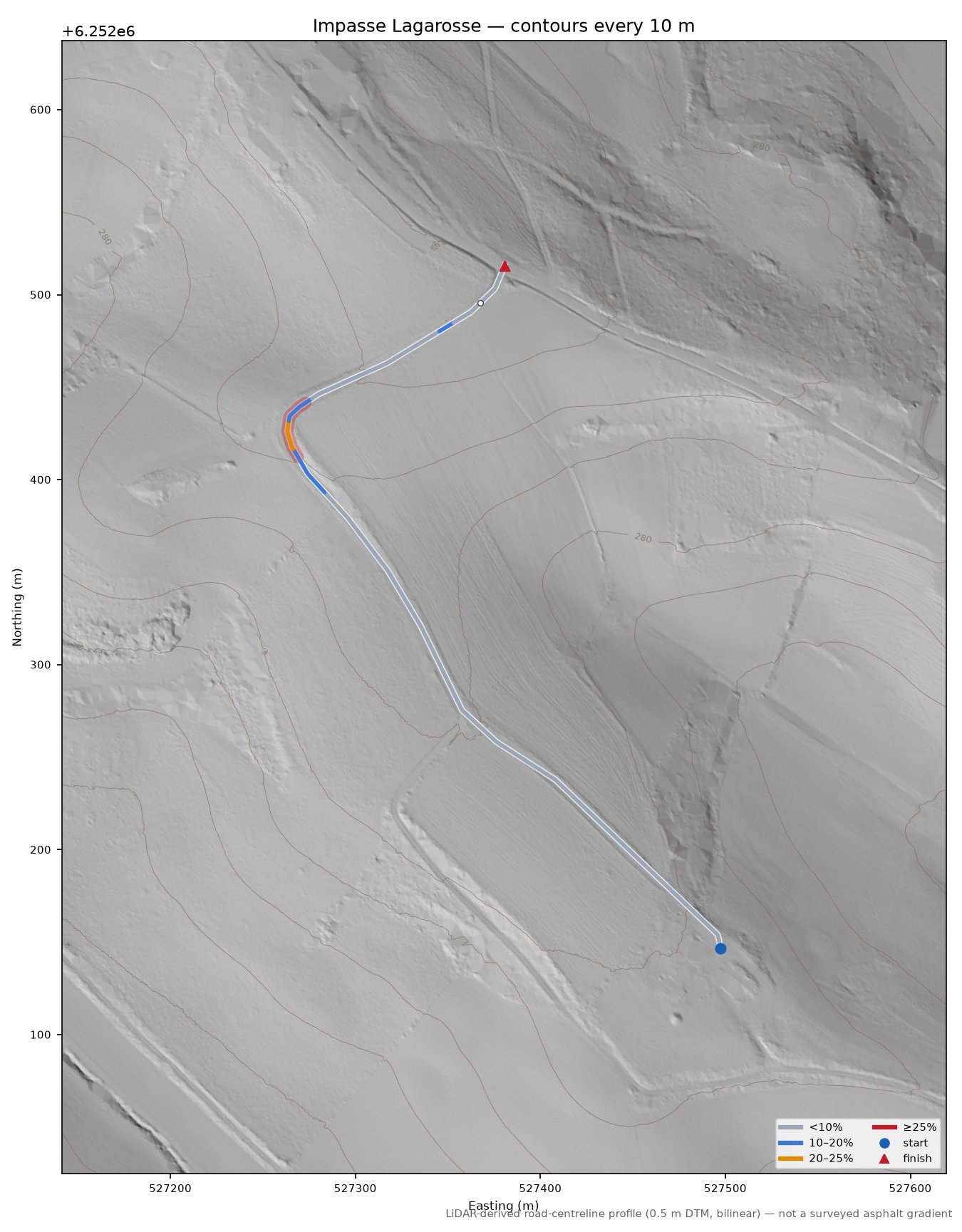 Impasse Lagarosse LiDAR hillshade map with contours
