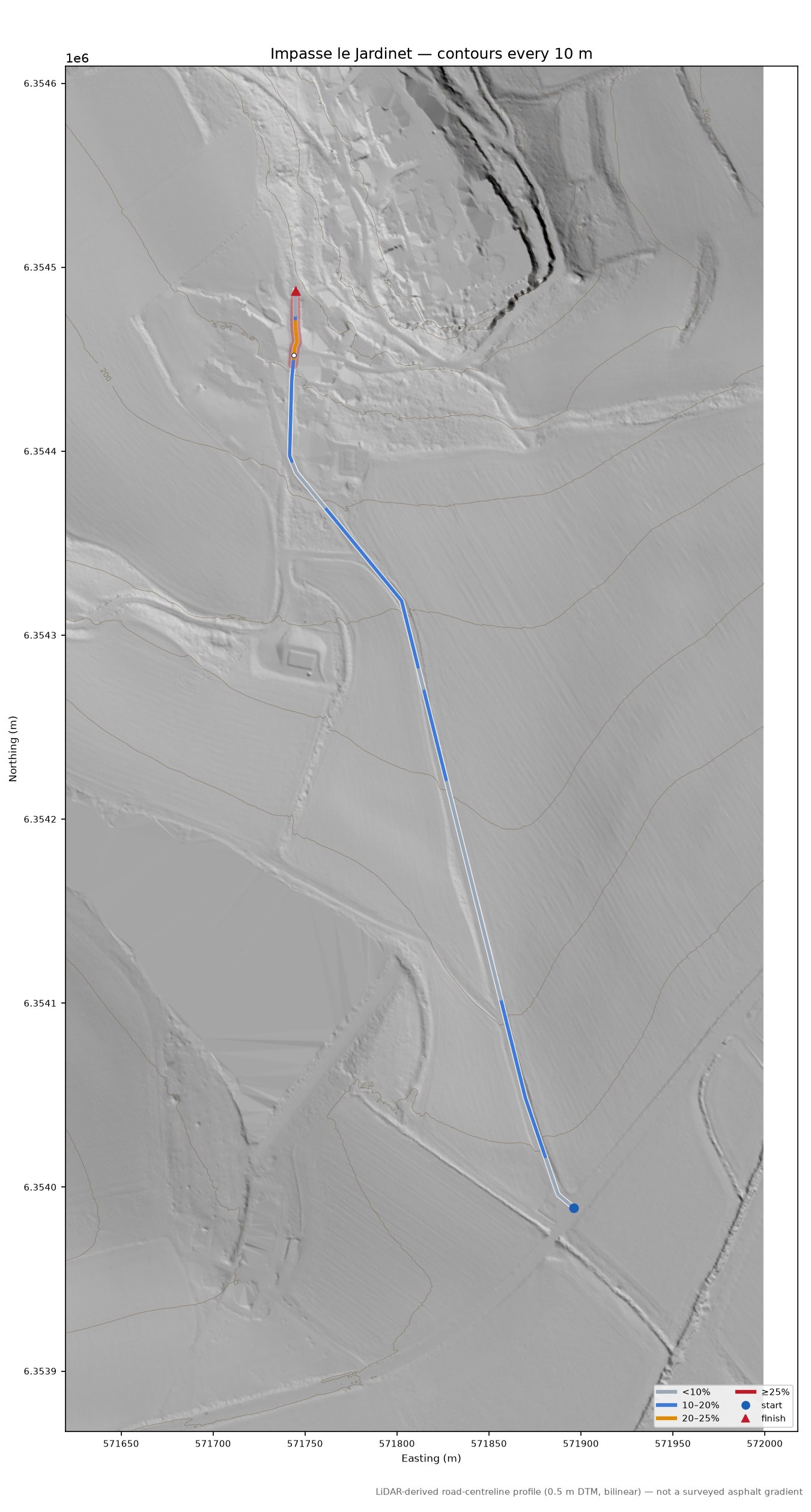 Impasse le Jardinet LiDAR hillshade map with contours