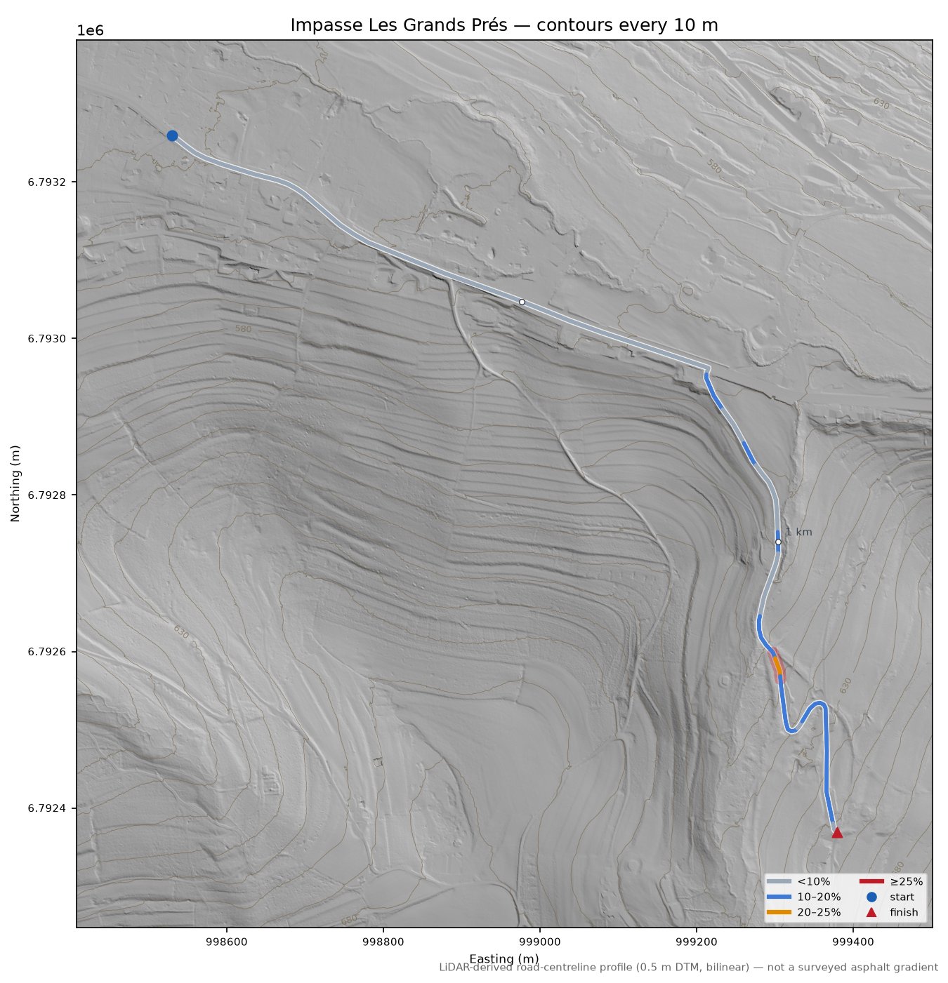 Impasse Les Grands Prés LiDAR hillshade map with contours