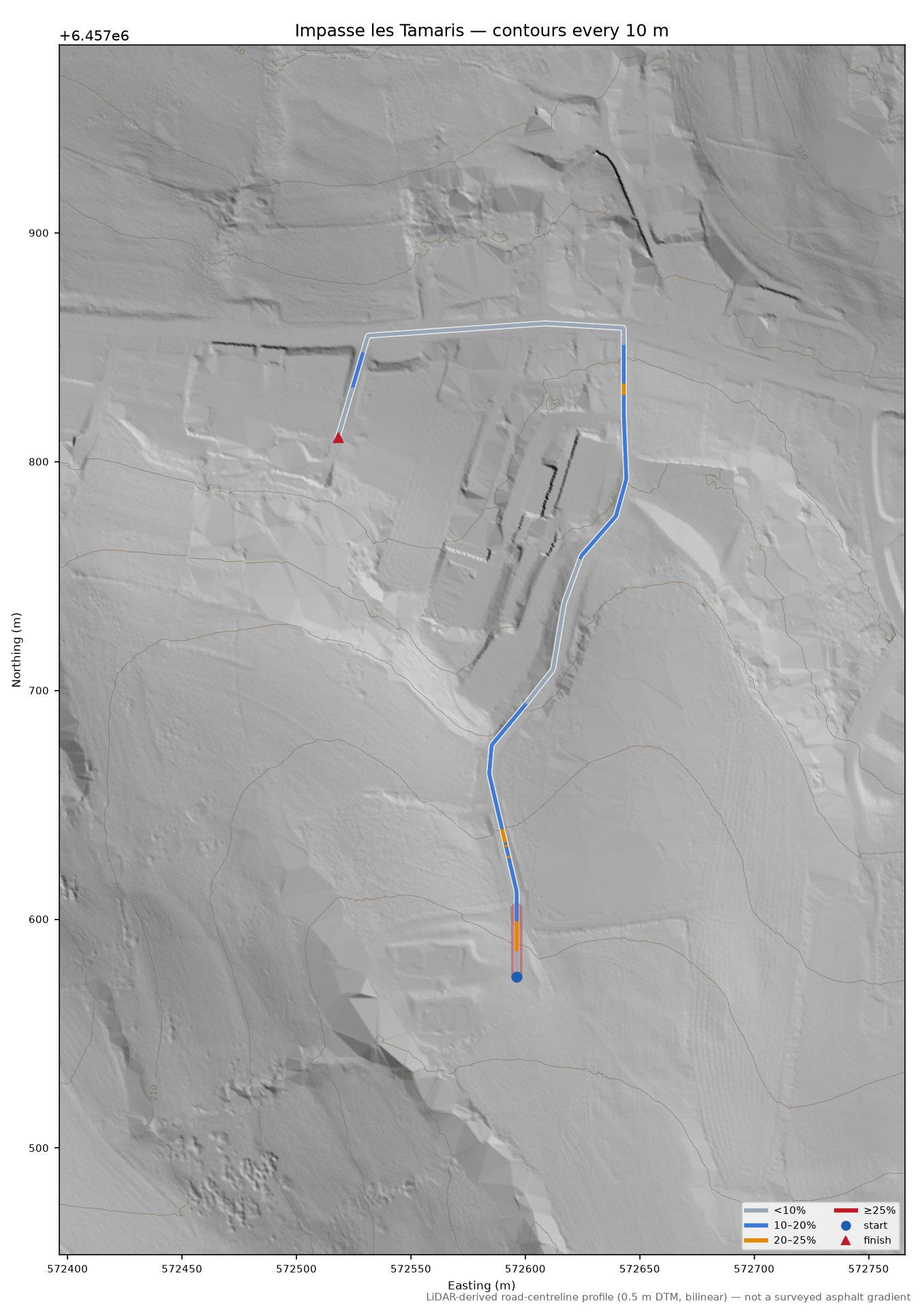Impasse les Tamaris LiDAR hillshade map with contours