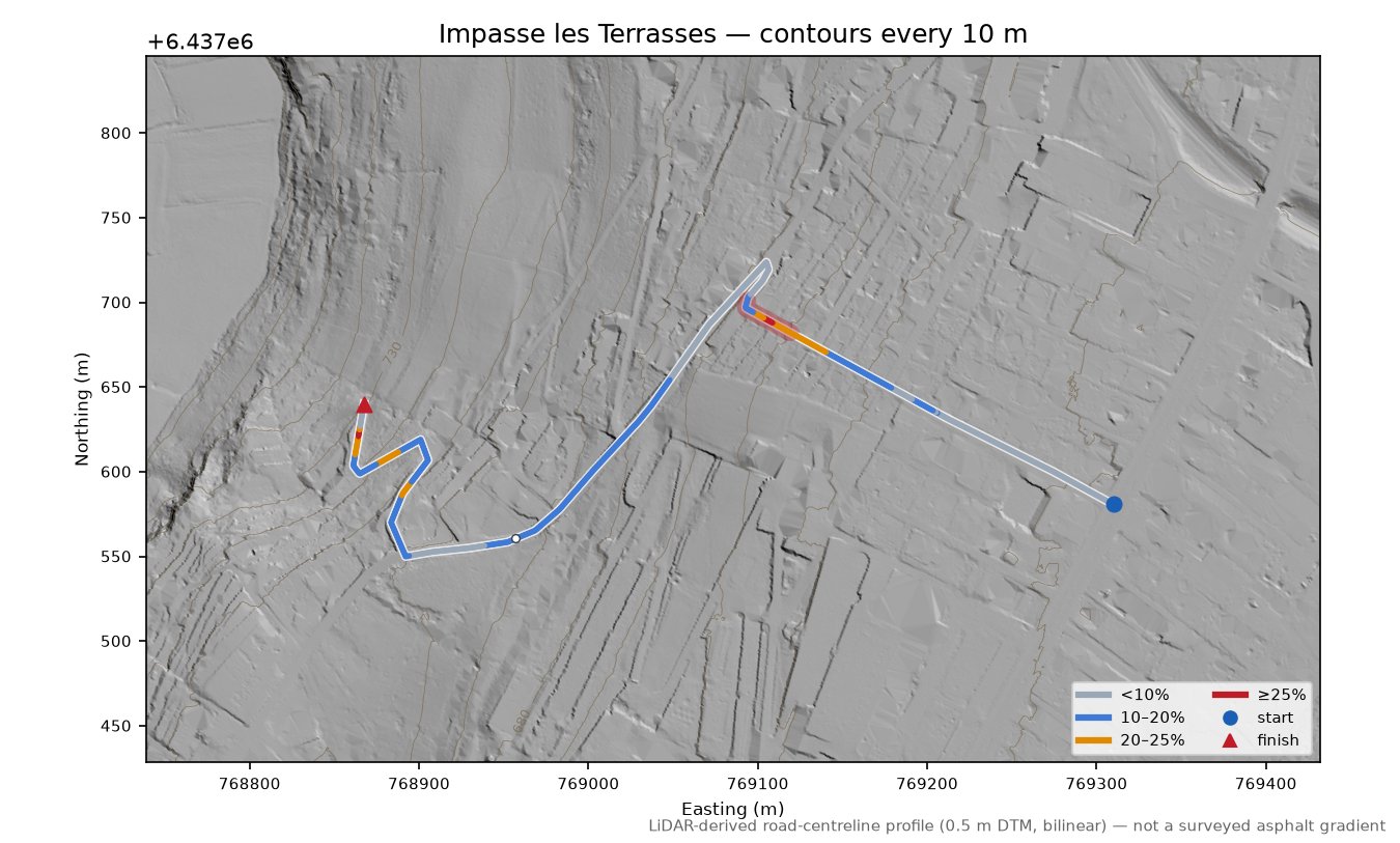 Impasse les Terrasses LiDAR hillshade map with contours