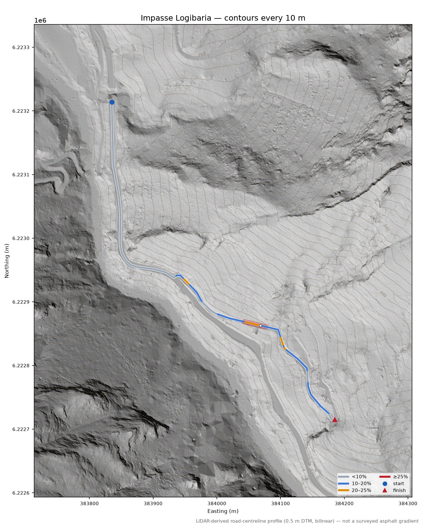 Impasse Logibaria LiDAR hillshade map with contours