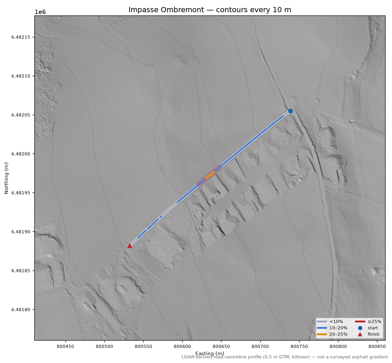 Impasse Ombremont LiDAR hillshade map with contours