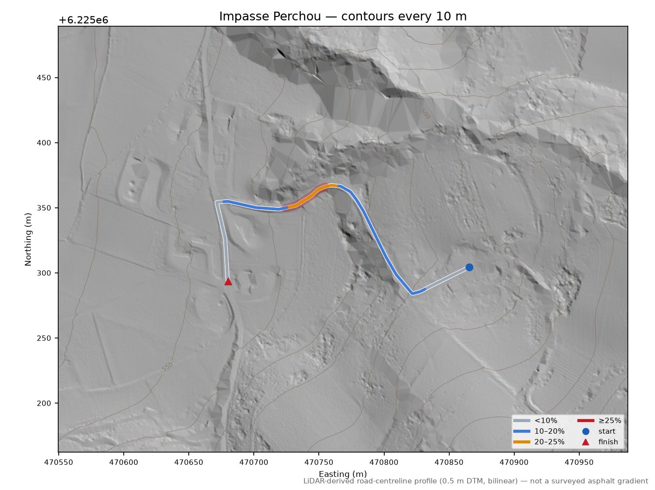 Impasse Perchou LiDAR hillshade map with contours