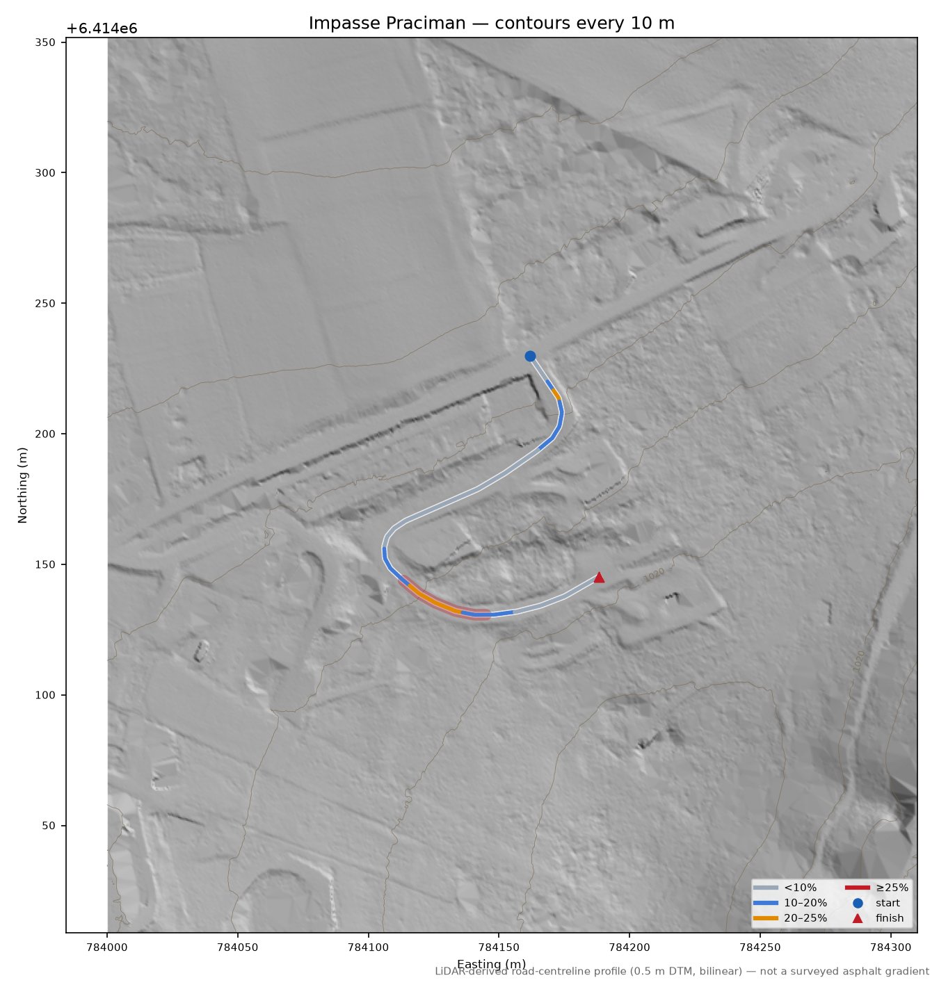 Impasse Praciman LiDAR hillshade map with contours