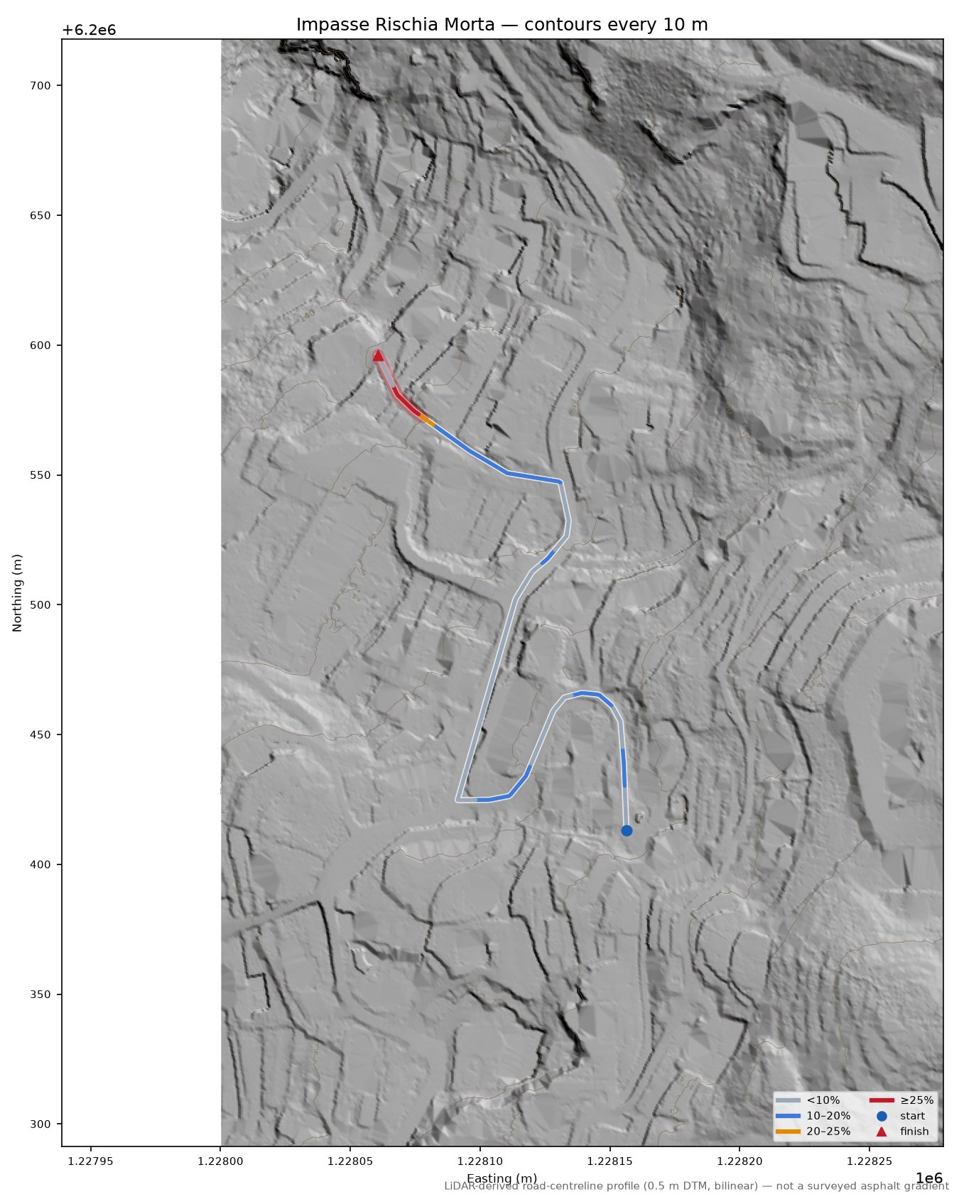 Impasse Rischia Morta LiDAR hillshade map with contours