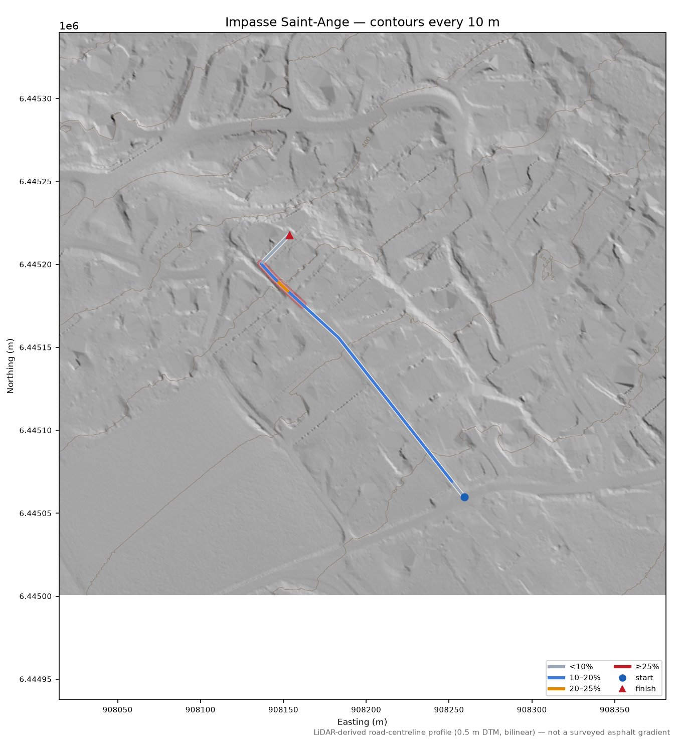 Impasse Saint-Ange LiDAR hillshade map with contours
