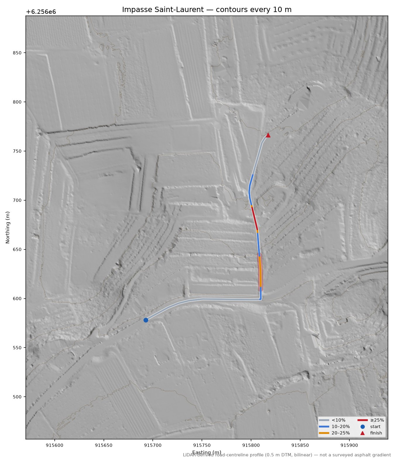 Impasse Saint-Laurent LiDAR hillshade map with contours