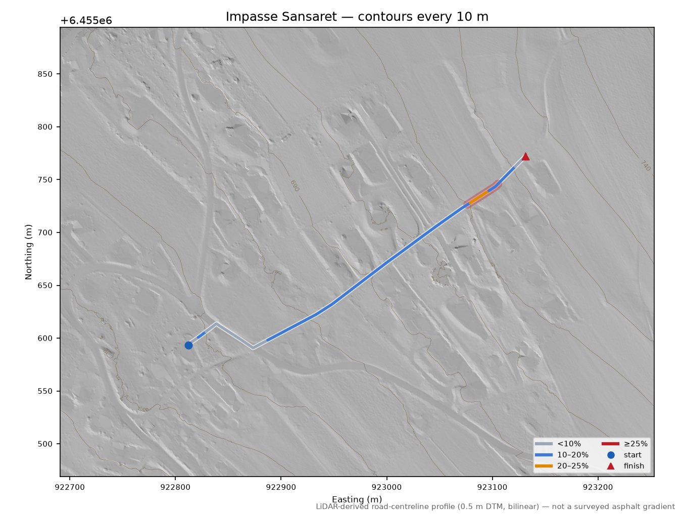Impasse Sansaret LiDAR hillshade map with contours