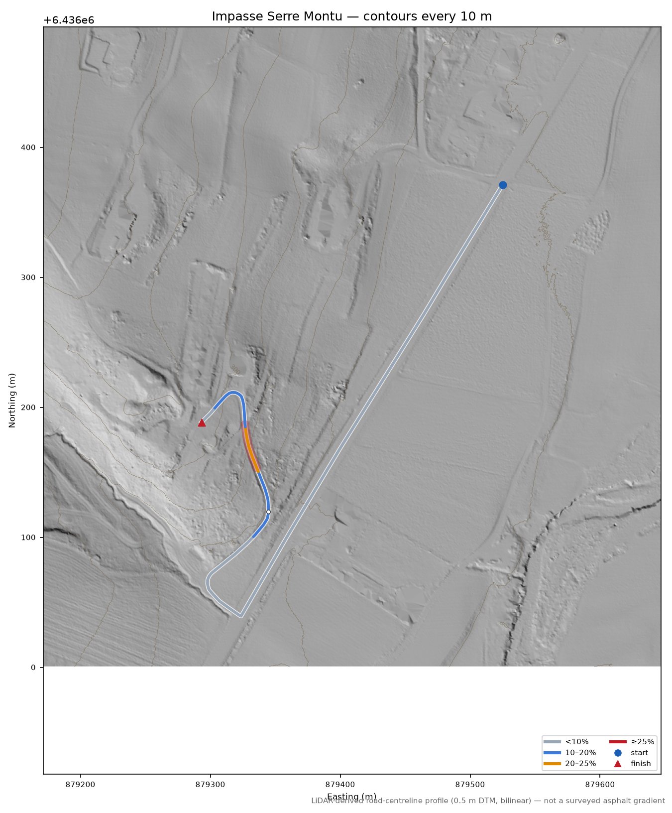 Impasse Serre Montu LiDAR hillshade map with contours