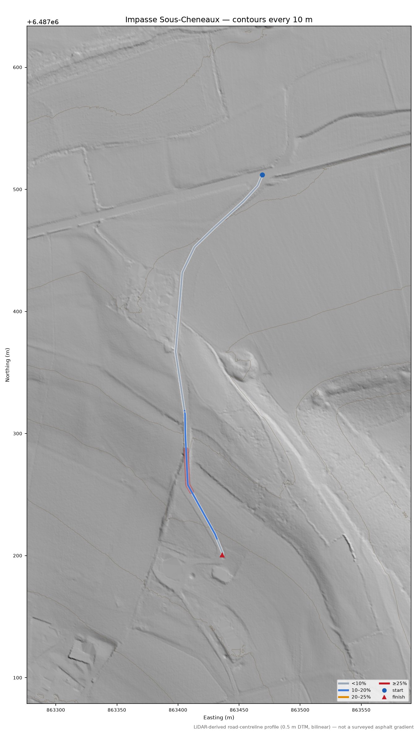 Impasse Sous-Cheneaux LiDAR hillshade map with contours