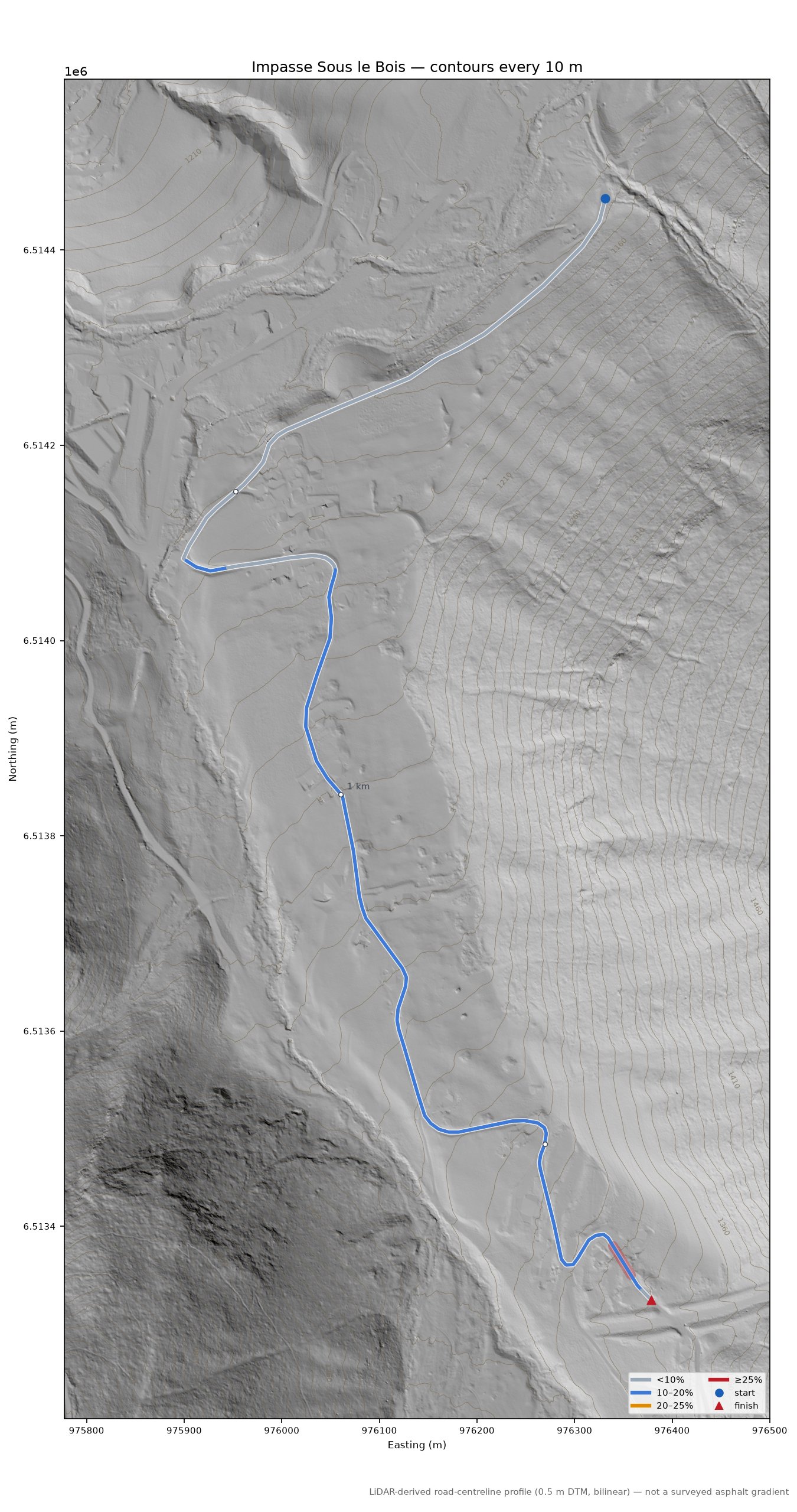 Impasse Sous le Bois LiDAR hillshade map with contours
