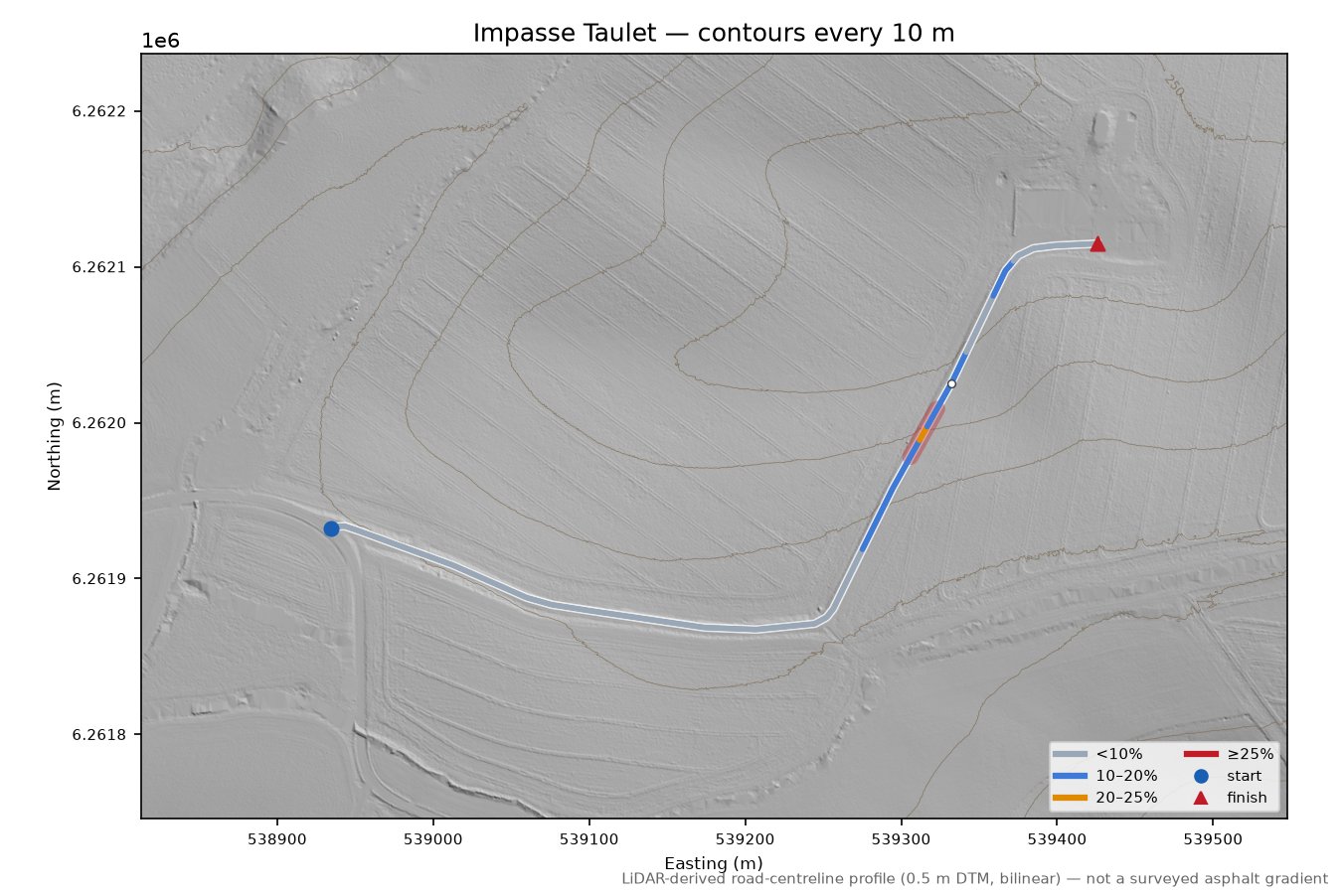 Impasse Taulet LiDAR hillshade map with contours