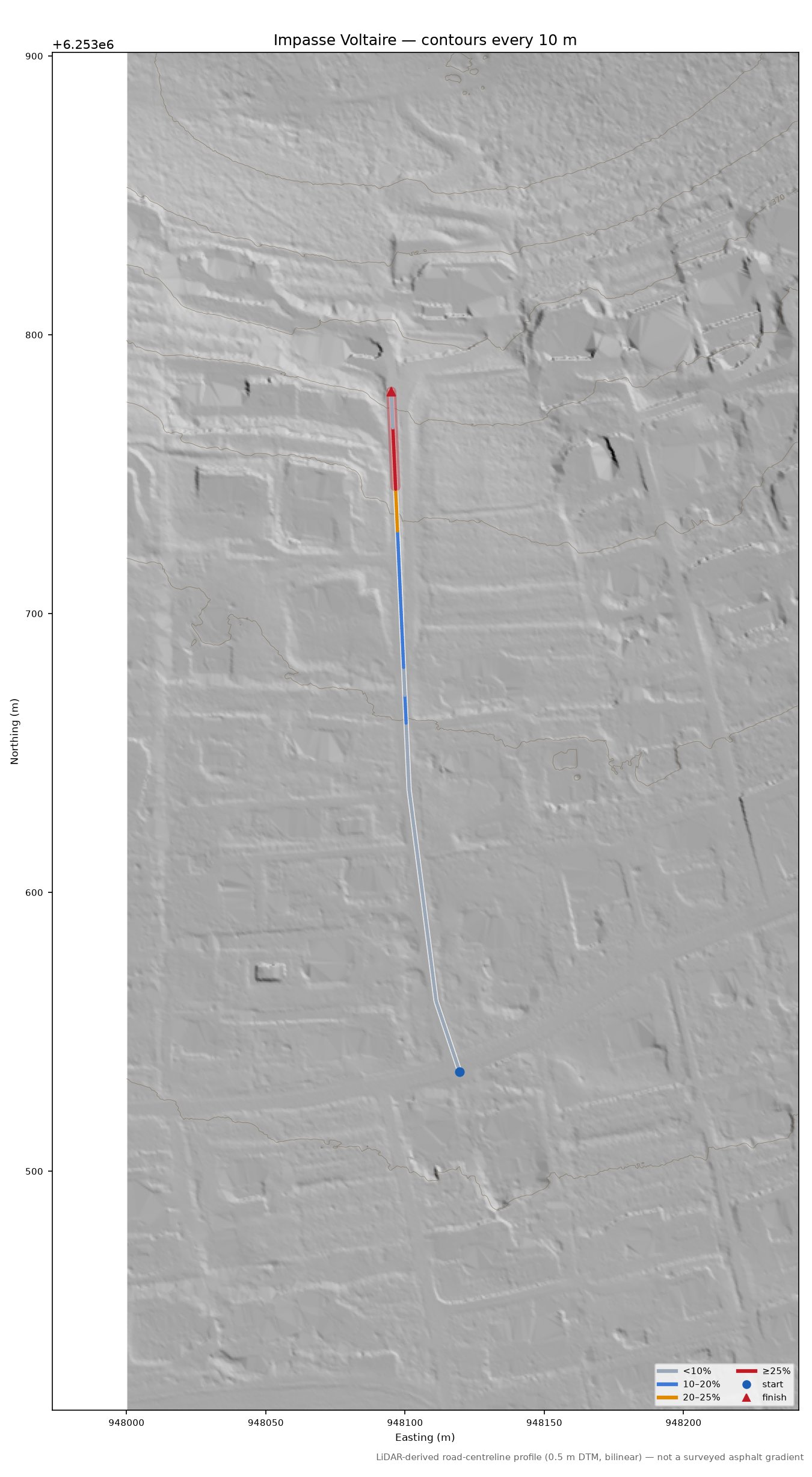 Impasse Voltaire LiDAR hillshade map with contours