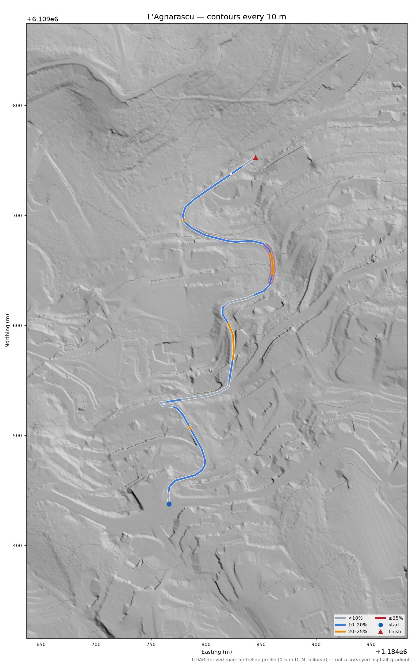 L'Agnarascu LiDAR hillshade map with contours