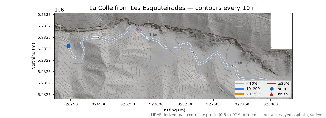 La Colle from Les Esquateirades LiDAR hillshade map with contours