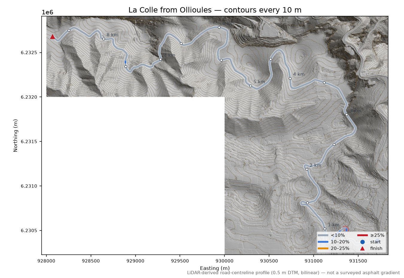 La Colle from Ollioules LiDAR hillshade map with contours