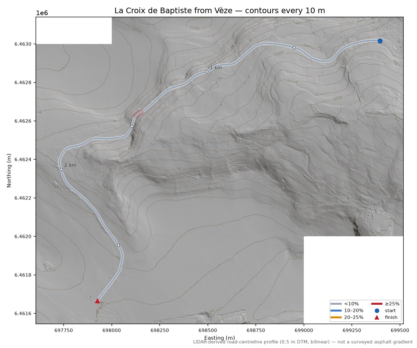 La Croix de Baptiste from Vèze LiDAR hillshade map with contours