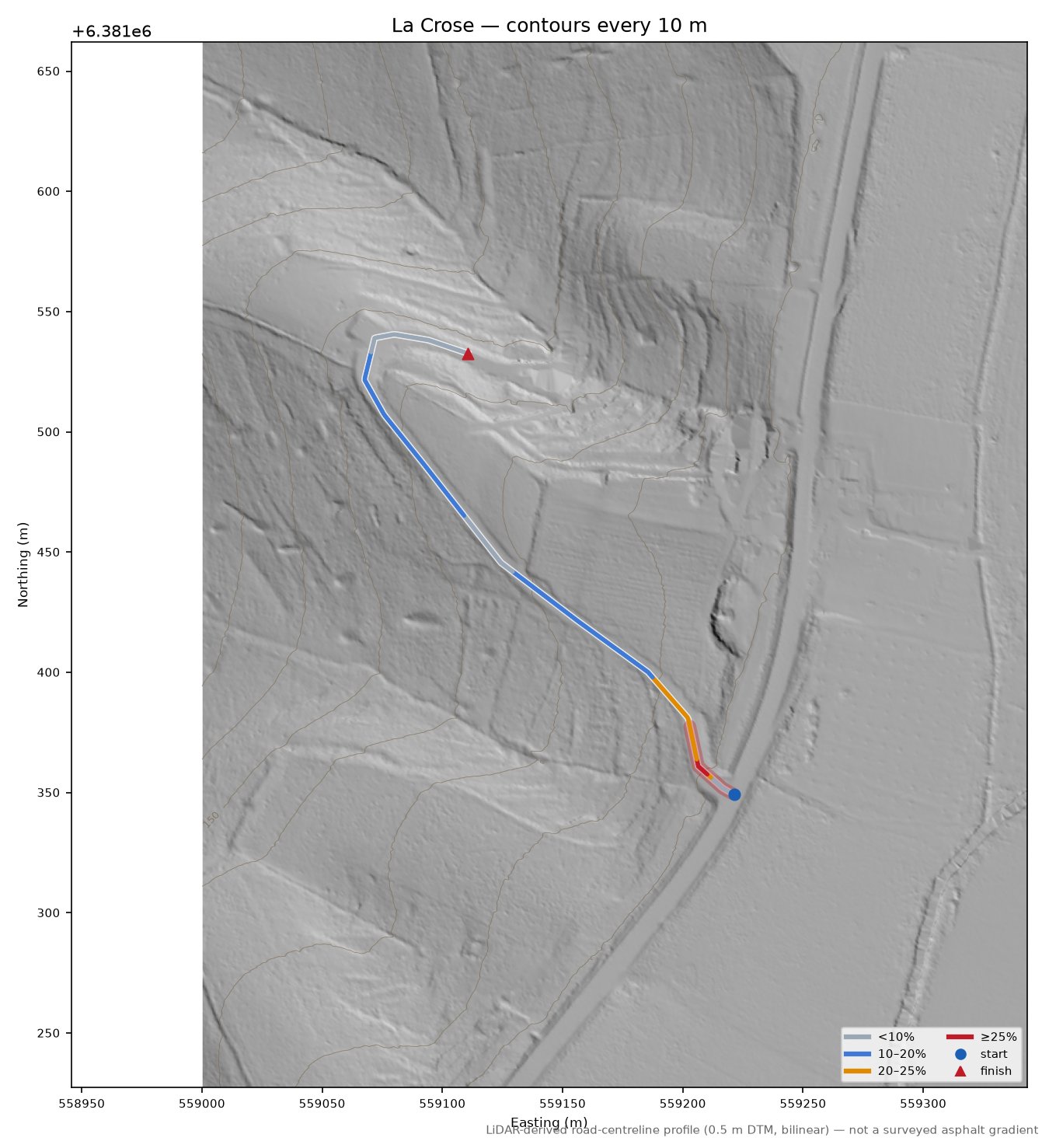La Crose LiDAR hillshade map with contours