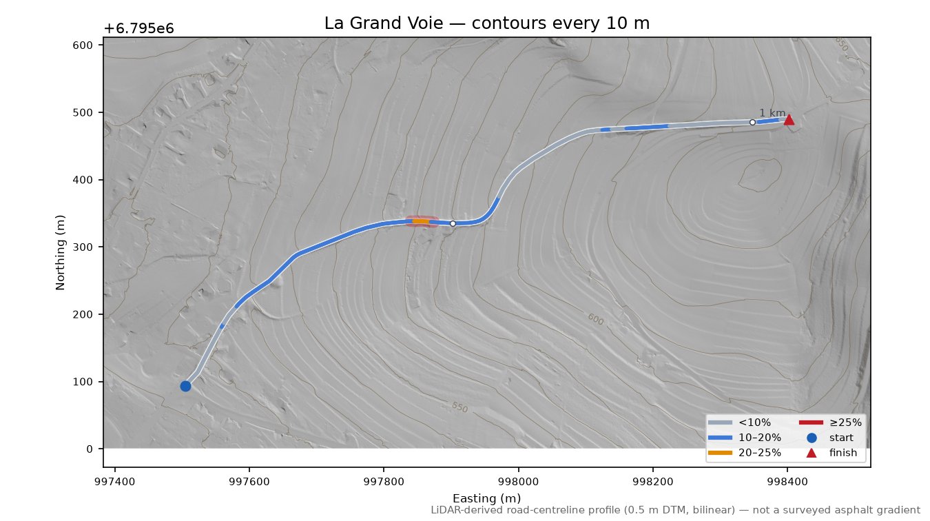 La Grand Voie LiDAR hillshade map with contours
