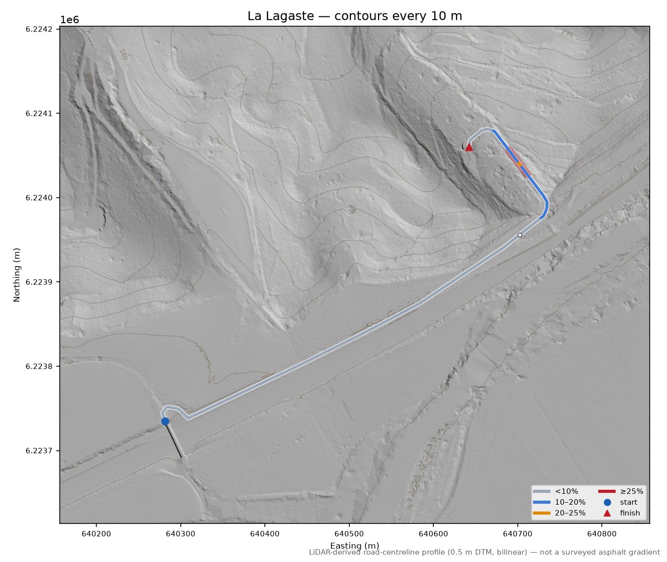 La Lagaste LiDAR hillshade map with contours