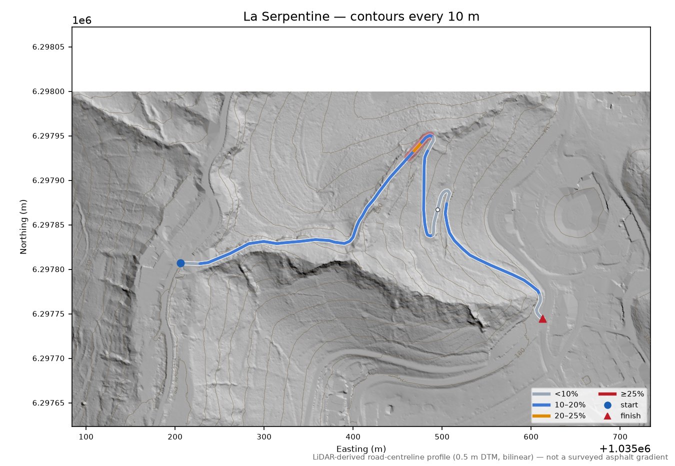 La Serpentine LiDAR hillshade map with contours