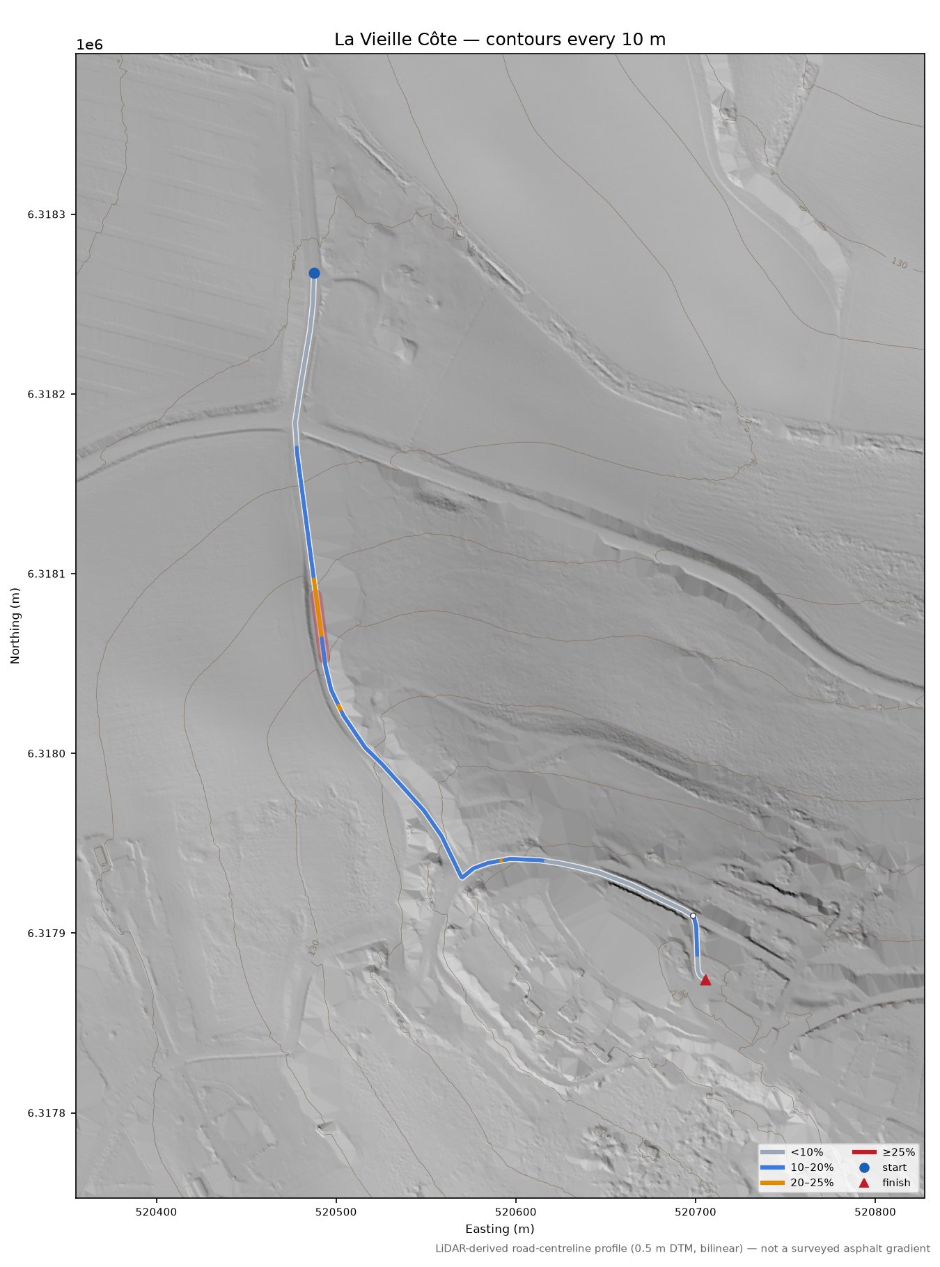 La Vieille Côte LiDAR hillshade map with contours