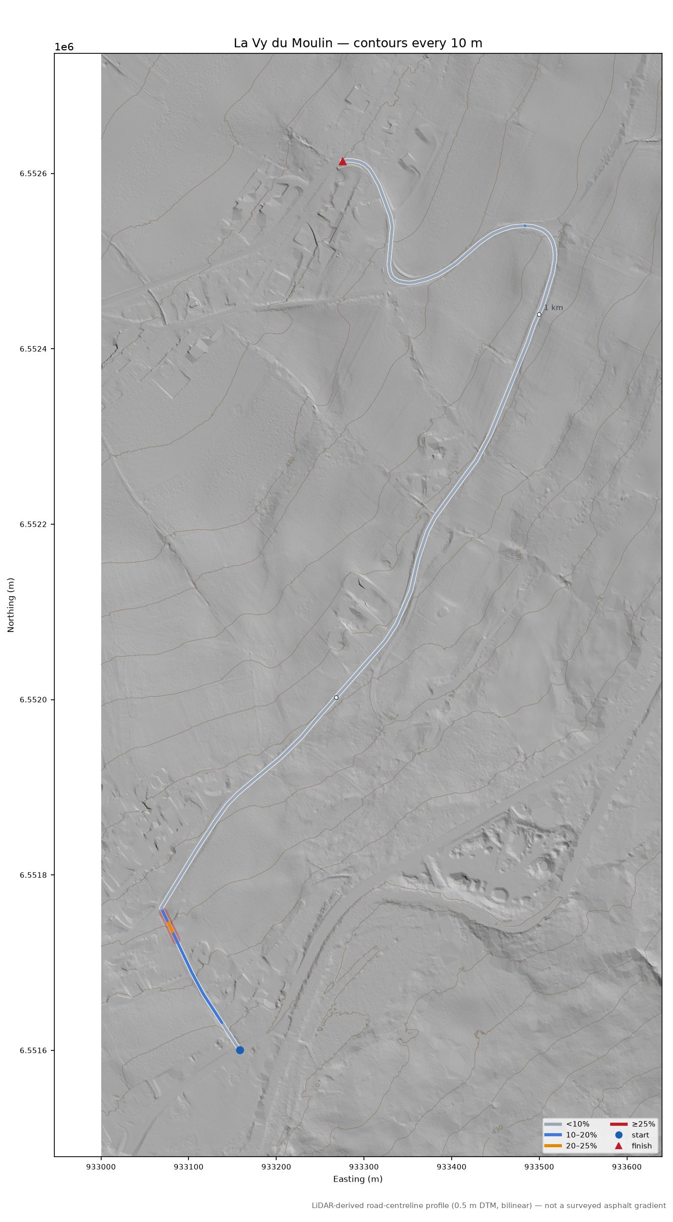 La Vy du Moulin LiDAR hillshade map with contours