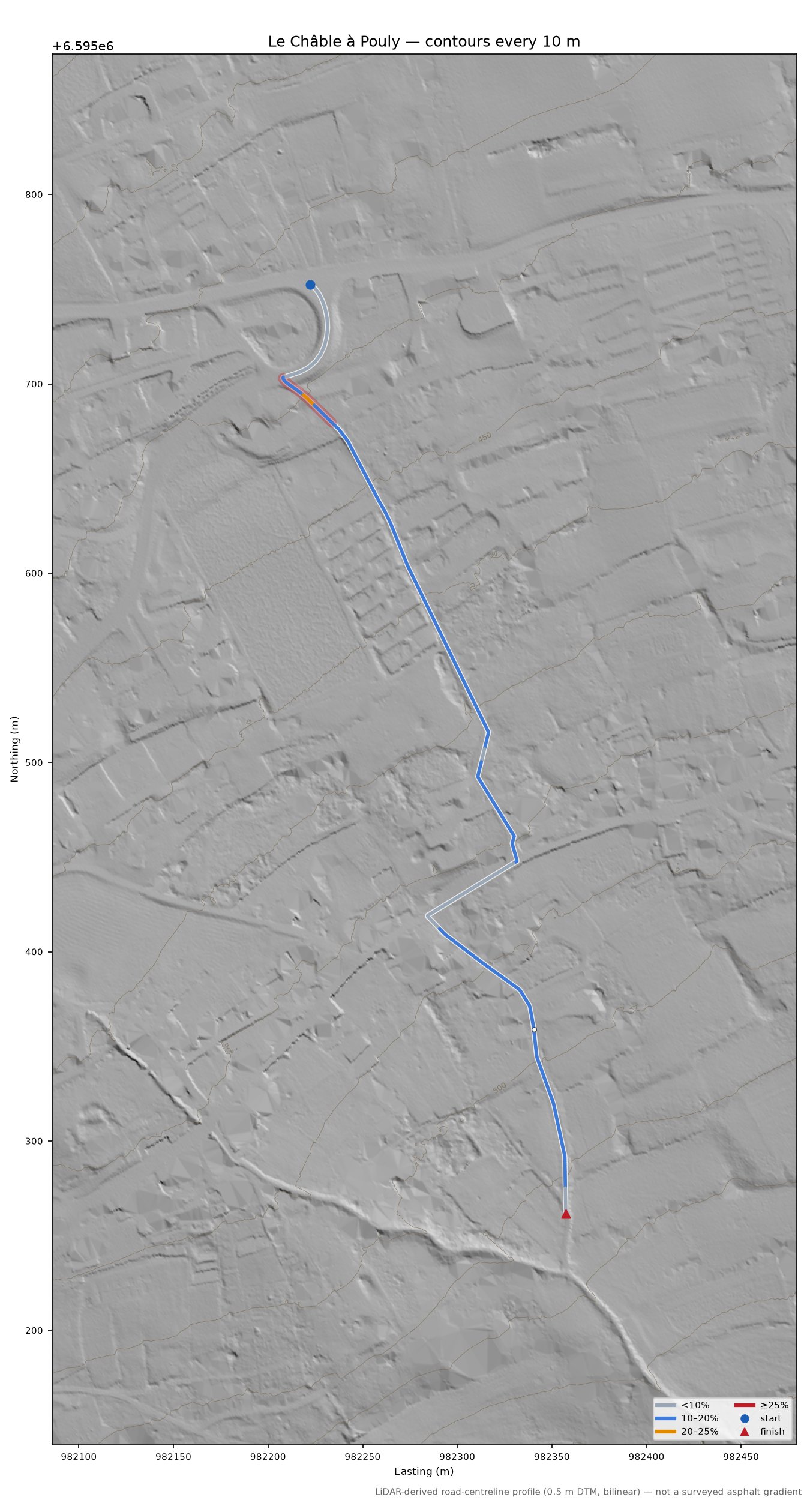 Le Châble à Pouly LiDAR hillshade map with contours