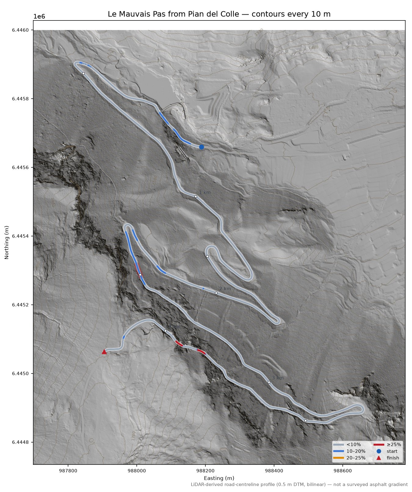 Le Mauvais Pas from Pian del Colle LiDAR hillshade map with contours