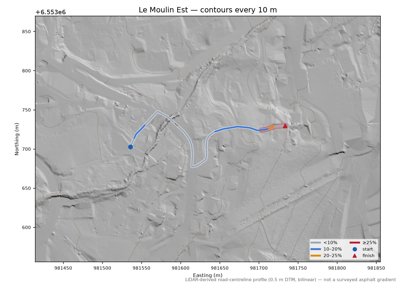 Le Moulin Est LiDAR hillshade map with contours