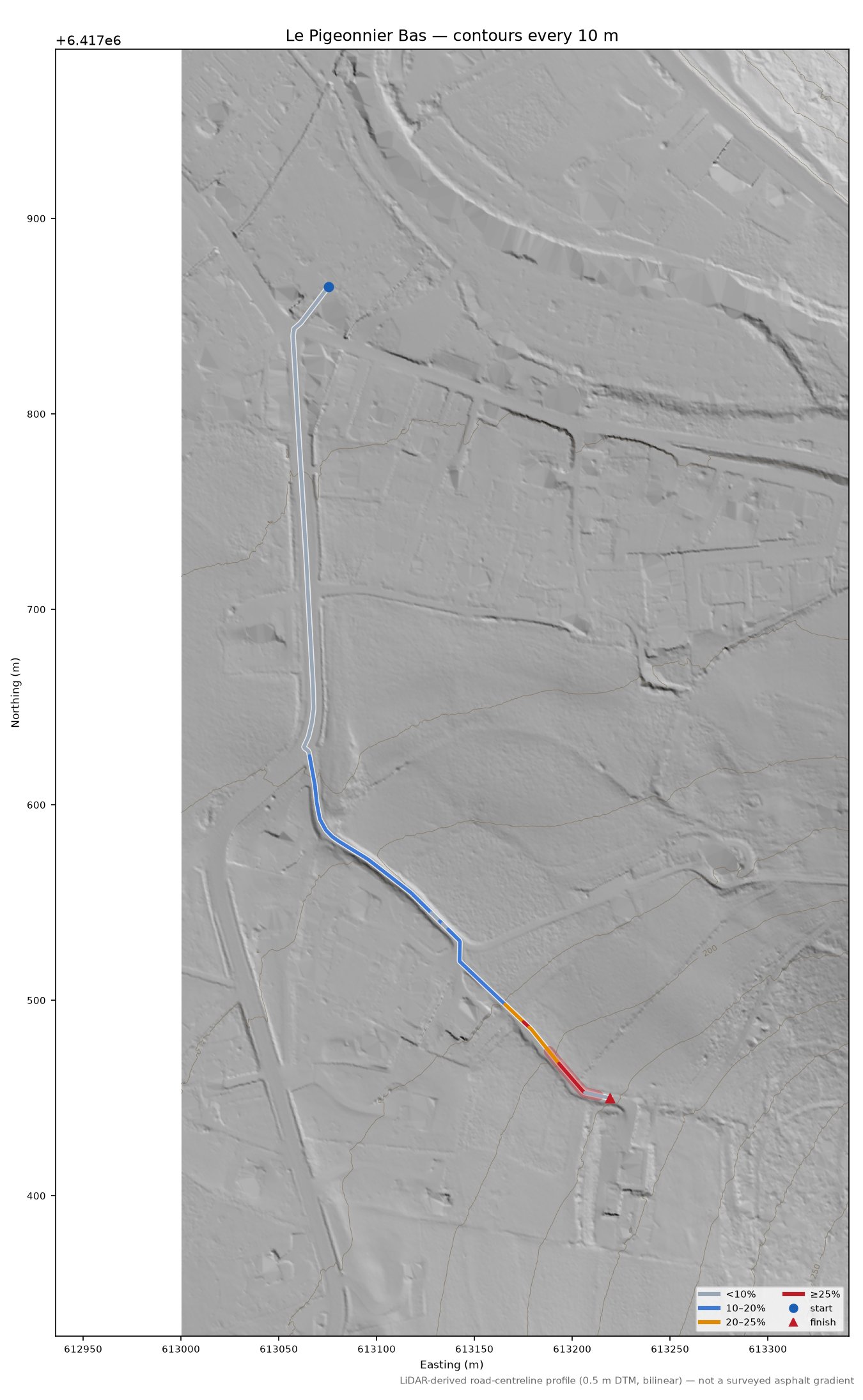 Le Pigeonnier Bas LiDAR hillshade map with contours