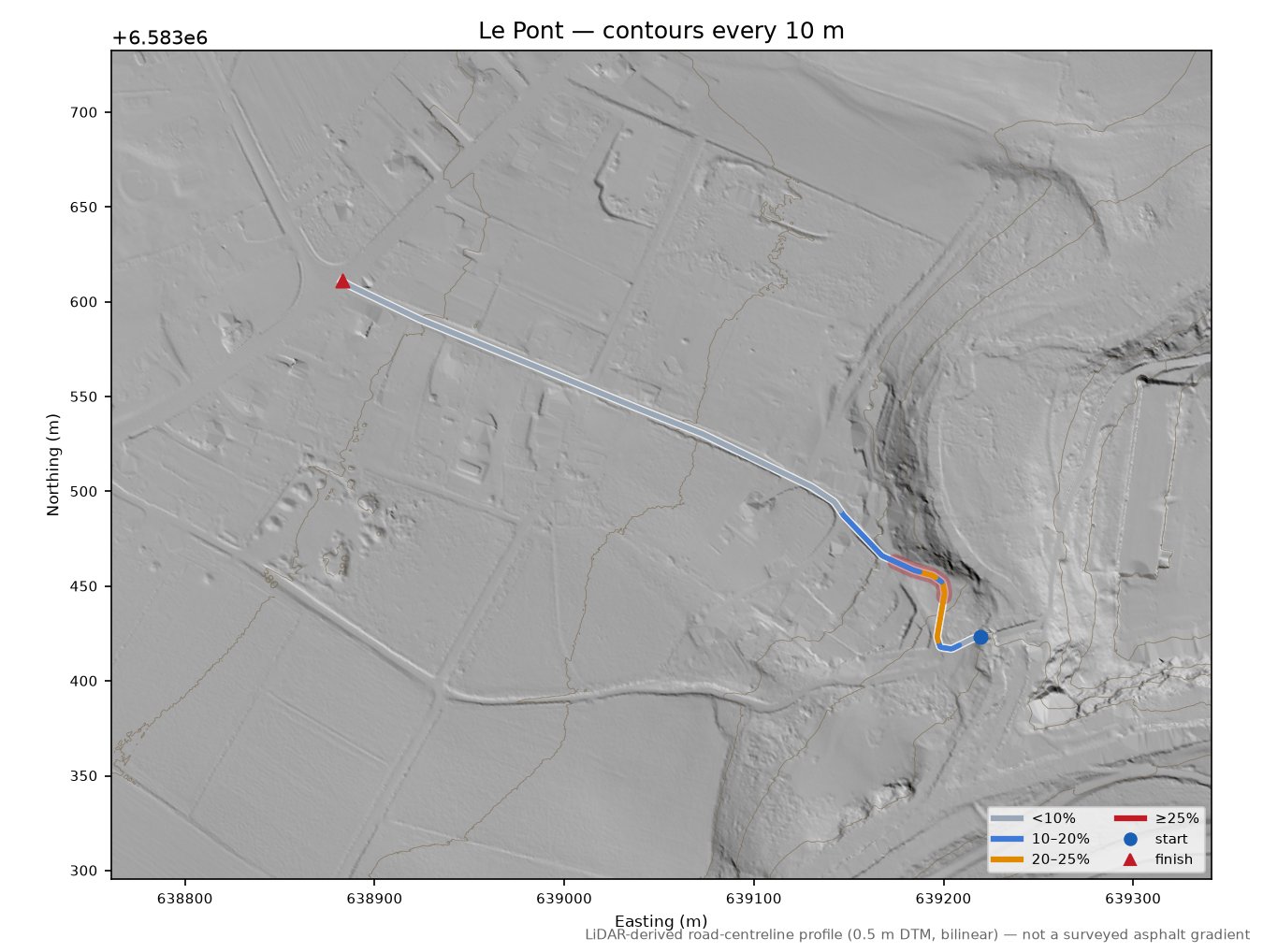 Le Pont LiDAR hillshade map with contours