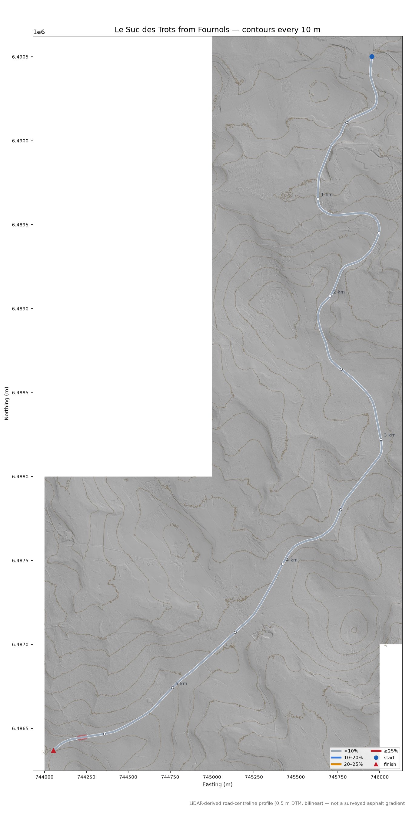 Le Suc des Trots from Fournols LiDAR hillshade map with contours