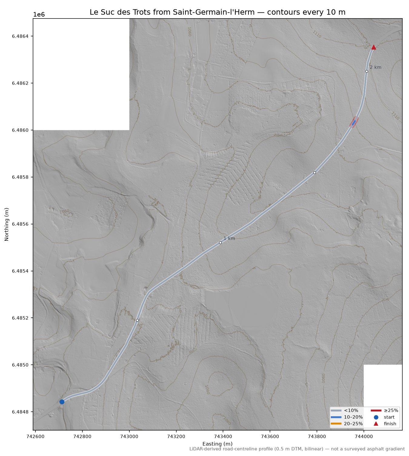 Le Suc des Trots from Saint-Germain-l'Herm LiDAR hillshade map with contours