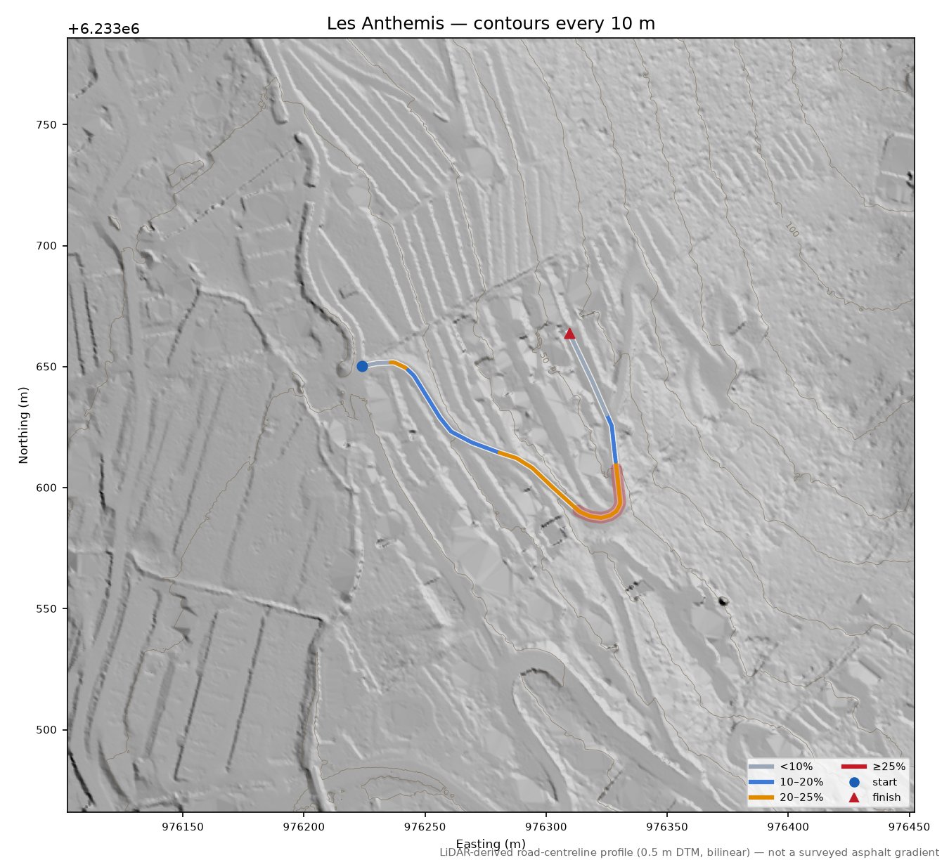 Les Anthemis LiDAR hillshade map with contours