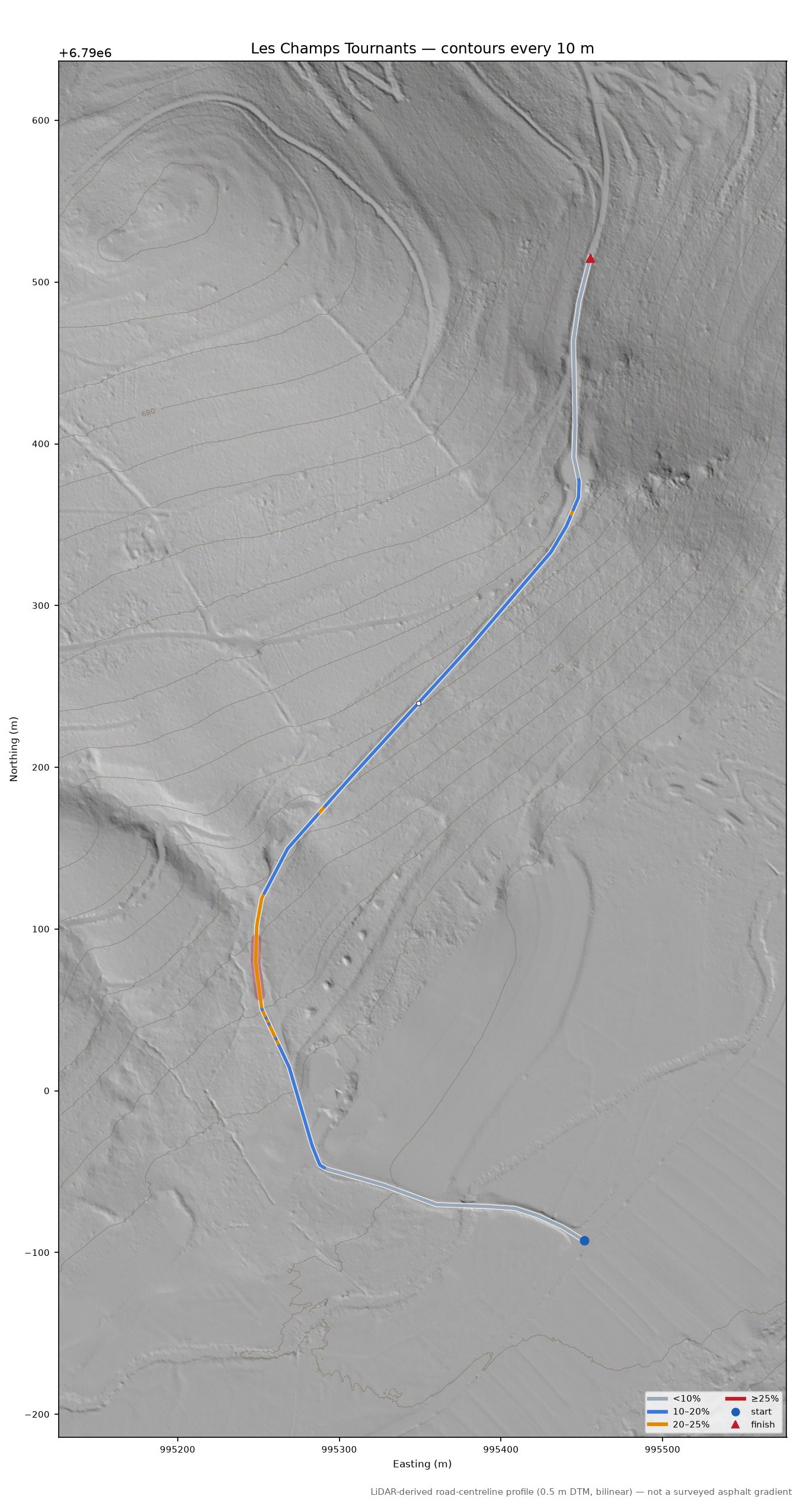 Les Champs Tournants LiDAR hillshade map with contours